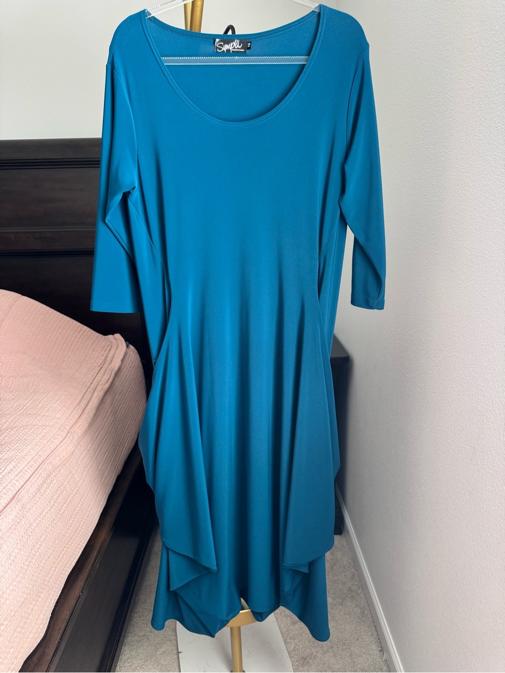 Sympli Teal Asymmetrical Drape Midi Dress Size 12 Made in Canada - Picture 2 of 15